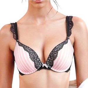 Victoria Secret Rhinestone Signature Pink & White Stripe  Push-Up Bra 34D RARE